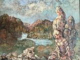 un tableau représentant un homme debout sur un rocher au bord d'une rivière