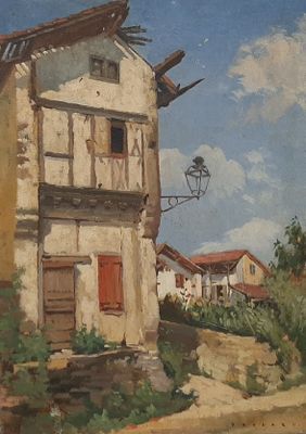 painting of an old house with red shutters on a sunny day