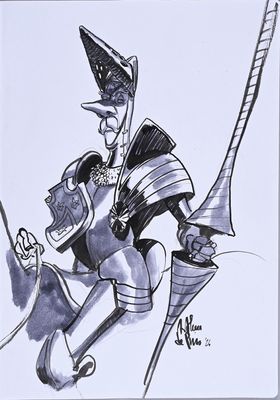 dessin humoristique représentant un homme en costume tenant une épée