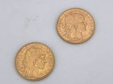 two gold coins, one of which has a woman ' s head and one of which is a man ' s head