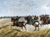 un tableau représentant un groupe d'hommes à cheval dans un champ