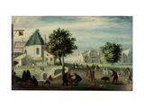 un tableau représentant une scène de village avec des personnages et des animaux