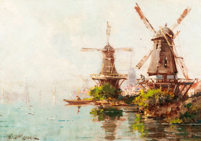un tableau représentant trois moulins à vent au bord d'un plan d'eau
