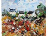 a painting of a field with houses and trees in the background