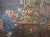 une peinture représentant un groupe de personnes assises autour d'une table