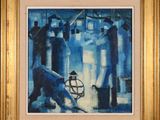 painting of a group of people walking down a street in the rain