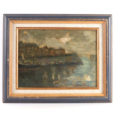 painting of a view of a harbor with boats in the water