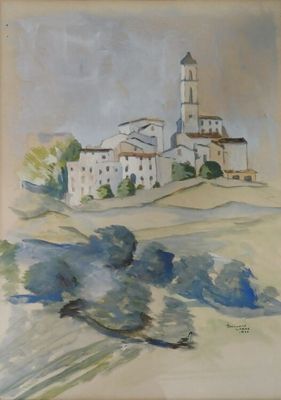 l'image d'un tableau représentant un village avec une église à l'arrière-plan
