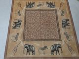 elephants and giraffes on a beige area rug on a white floor