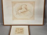 two framed drawings of a horse and a dog in a wood frame