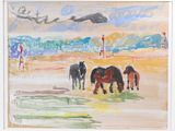 a painting of a group of horses walking on the beach