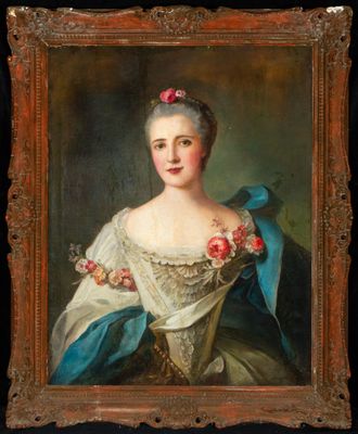 a painting of a woman in a blue dress with flowers in her hair