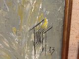 une peinture à l'huile représentant un oiseau jaune assis au sommet d'une branche d'arbre