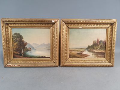 une paire de peintures à l'huile du XIXe siècle représentant un lac et des montagnes