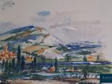 a watercolor painting of a landscape with a mountain in the background