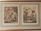 two framed pictures of a couple of children playing outside a house