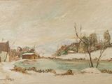 une image représentant un tableau d'une ferme sous la neige