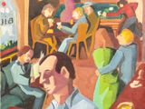 a painting of a group of people sitting at a table