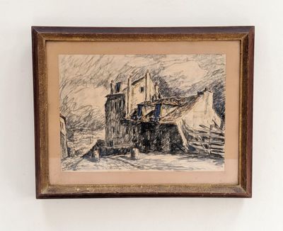 dessin représentant un bateau dans un port, avec un homme debout sur le quai