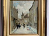 peinture d'une scène de rue avec des personnes marchant dans la rue