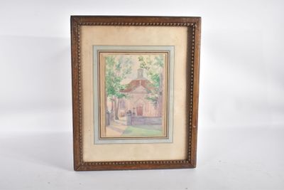 aquarelle encadrée représentant une maison et des arbres, dans un cadre en bois