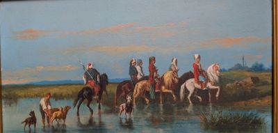 tableau représentant un groupe d'hommes traversant une rivière à cheval