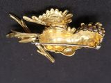 a gold brooch with a bird on it on a black background