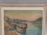 peinture de bateaux amarrés dans un port avec des bâtiments en arrière-plan