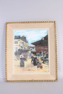 painting of a street scene with people walking and a horse drawn carriage