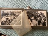 two old photos of a crowd of people on a bed