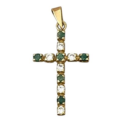 Pendentif en forme de croix en or jaune 14 carats, serti d'émeraudes et de diamants