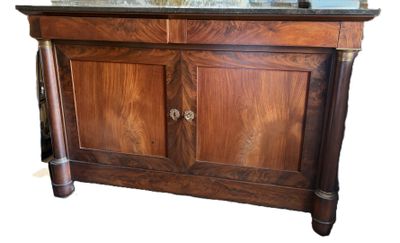 a wooden cabinet with a marble top on a white background