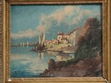 tableau représentant une vue d'un port avec des voiliers sur l'eau