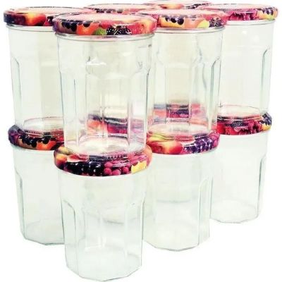 six bocaux en verre transparent avec couvercle, remplis de fruits et de baies