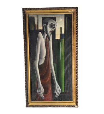 an image of a painting of a man standing in front of a building