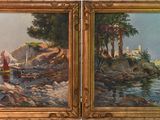two paintings of boats on the water near rocks and trees