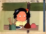 un dessin représentant une fille assise à une table devant une assiette de nourriture