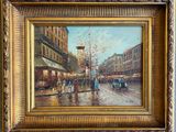 tableau représentant une scène de rue urbaine avec une tour horloge en arrière-plan