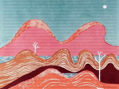 tableau représentant un paysage désertique avec un arbre solitaire au premier plan