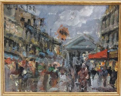 tableau représentant une scène de rue en ville avec des passants et des parapluies un jour de pluie