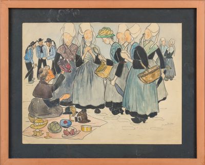 une image d'une peinture représentant un groupe de personnes devant un bâtiment