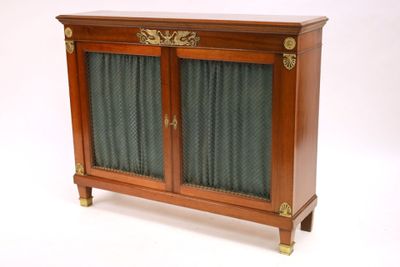 an image of a wooden cabinet with a glass door and two doors