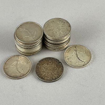 FRANCE, Ve République. 21 x 5 F argent type Semeuse 1965 à 1…