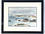 framed watercolor painting of a view of a beach with a lighthouse in the distance