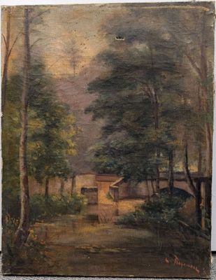 une peinture à l'huile d'une maison dans une zone boisée avec des arbres