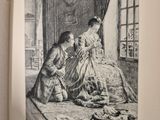 an old picture of a couple of people sitting on a bed in a room