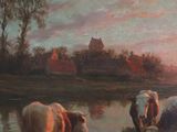 painting of cows drinking water from a pond at sunset with a castle in the background