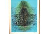 painting of a woman standing in the water with a tree in the background