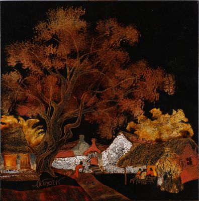 an image of a painting of a village at night with a horse drawn carriage