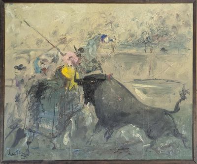 tableau représentant un taureau et un homme à cheval dans un champ